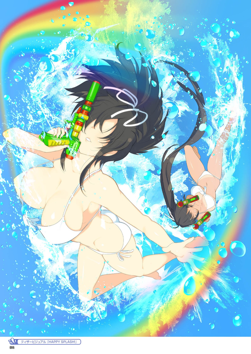 armpits ass asuka_(senran_kagura) bangs bare_arms bare_legs bare_shoulders barefoot bikini bikini_tan black_hair blue_background bouncing_breasts breasts cleavage collarbone dark_skin dual_wielding faceless faceless_female front-tie_bikini front-tie_top full_body highres holding homura_(senran_kagura) large_breasts long_hair midair multiple_girls navel no_eyes official_art outstretched_arm page_number parted_lips ponytail rainbow ribbon scan senran_kagura senran_kagura_peach_beach_splash side-tie_bikini smile splashing stomach swimsuit tan tanline translation_request upside-down very_long_hair water water_gun white_ribbon yaegashi_nan