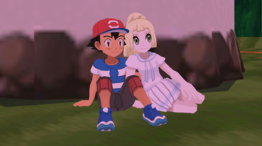 1boy 1girl black_hair blonde_hair brown_eyes green_eyes lillie_(pokemon) npc pokemon pokemon_sm satoshi_(pokemon)