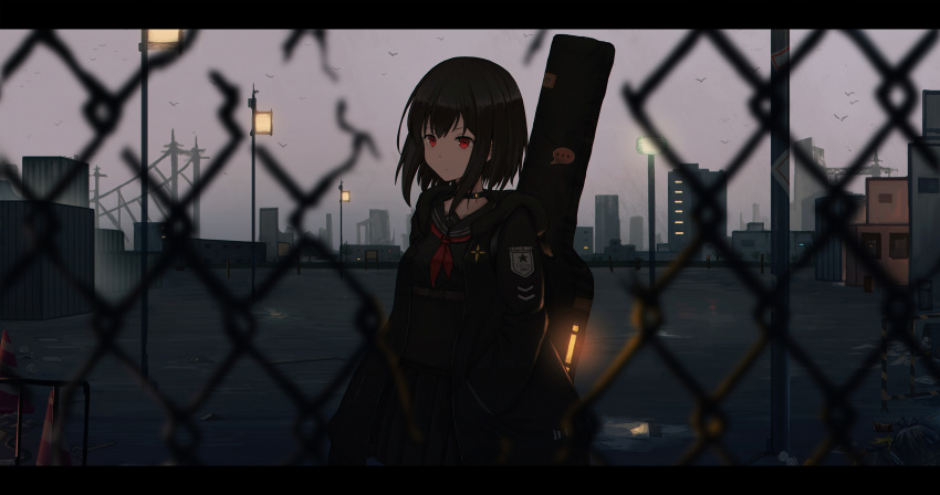 1girl absurdres aer7o bangs bird black_hair black_jacket black_sailor_collar black_serafuku black_shirt black_skirt blurry blurry_foreground chain-link_fence closed_mouth container damaged day depth_of_field fence hair_between_eyes hand_in_pocket highres jacket lamppost letterboxed long_hair long_sleeves looking_away open_clothes open_jacket original outdoors pleated_skirt red_eyes sailor_collar school_uniform serafuku shirt sidelocks skirt solo trash_bag