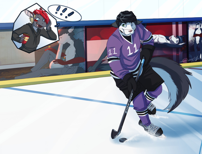 2017 anthro armor blue_eyes canine clothing digital_media_(artwork) dog equipment fur green_eyes hair helmet heterochromia hockey hockey_helmet hockey_stick husky ice_hockey jake_the_huskeh jersey male mammal rekz solo sport stick