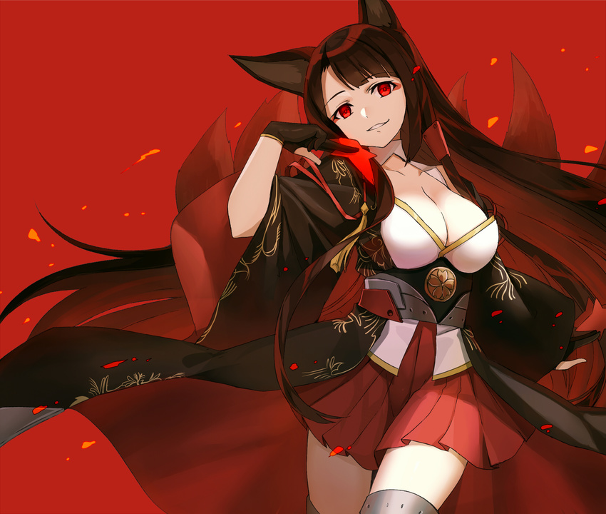 akagi_(azur_lane) akami_fumio animal_ears arm_at_side azur_lane black_gloves breasts brown_hair cleavage collarbone cowboy_shot eyebrows_visible_through_hair fox_ears fox_girl fox_tail gloves hand_up head_tilt highres japanese_clothes kimono kitsune large_breasts long_hair long_sleeves looking_at_viewer makeup obi open_clothes parted_lips partly_fingerless_gloves pleated_skirt pointing pointing_at_self red_background red_eyes red_skirt revision sash simple_background skirt smile solo standing tail tassel thighhighs underbust very_long_hair white_kimono wide_sleeves zettai_ryouiki