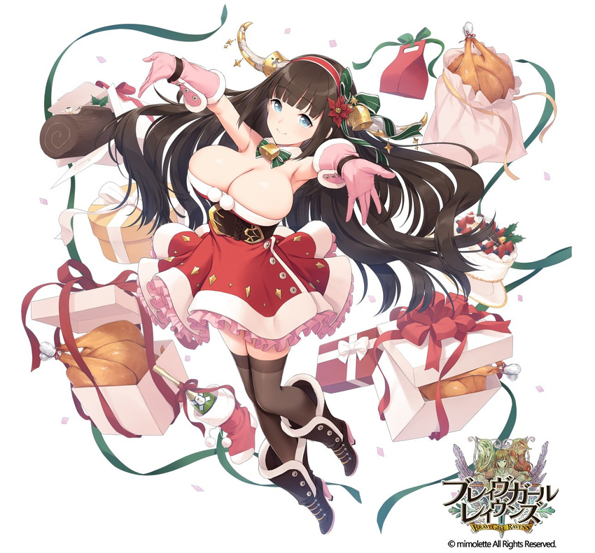 bangs bell black_legwear blue_eyes boots bottle box brave_girl_ravens breasts brown_hair cake christmas commentary_request confetti copyright_name detached_collar dress elbow_gloves eyebrows_visible_through_hair f-cla food full_body fur_trim gift gift_box gloves hair_ornament hairband highres horns huge_breasts knee_boots logo long_hair looking_at_viewer miruru_dize official_art pink_gloves pom_pom_(clothes) ribbon simple_background smile solo strapless strapless_dress thighhighs turkey_(food) white_background zettai_ryouiki