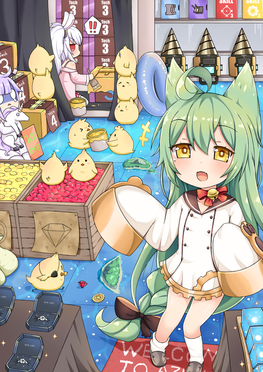 0_0 3girls :3 :d absurdres ahoge akashi_(azur_lane) animal animal_ears azur_lane bangs bell bird black_bow blush bow braid bunny_ears check_commentary chick coin commentary_request dress drill eyebrows_visible_through_hair eyepatch fang green_hair greenteaneko grey_footwear hair_between_eyes hair_bow hair_ornament highres holding island jacket jewelry jingle_bell laffey_(azur_lane) loafers long_hair long_sleeves looking_at_viewer loose_socks multiple_girls object_hug off_shoulder open_mouth paintbrush painting pink_jacket pleated_skirt purple_hair red_bow red_eyes red_skirt ring ruby_(stone) sailor_dress shoes silver_hair sitting skirt sleeves_past_wrists smile socks stuffed_animal stuffed_toy stuffed_unicorn teardrop thighhighs turn_pale twintails unicorn_(azur_lane) very_long_hair wariza wedding_ring white_dress white_legwear yellow_eyes