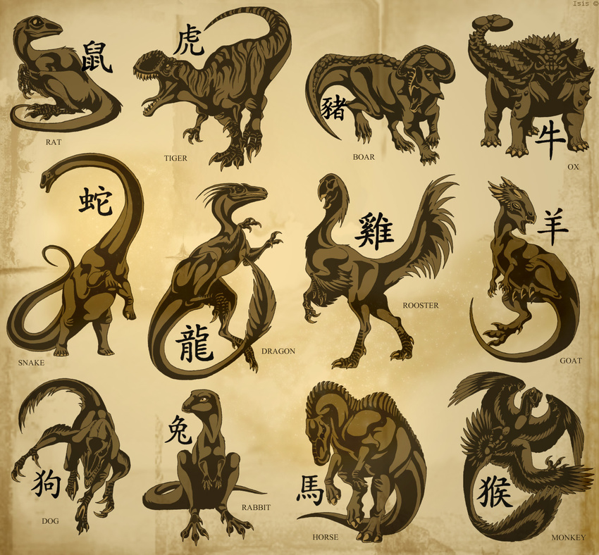 action_pose agilisaurus boar_(zodiac) brown_theme chinese_text chinese_zodiac crouching dilong dinosaur dog_(zodiac) dragon_(zodiac) feathered_dinosaur feathers gigantoraptor goat_(zodiac) homalocephale horn horse_(zodiac) isismasshiro mamenchisaurus mei-long microraptor monkey_(zodiac) ox_(zodiac) pose protoceratops rabbit_(zodiac) raptor rat_(zodiac) roaring rooster_(zodiac) shantungosaurus sharp_teeth sitting snake_(zodiac) spikes tarchia teeth text theropod tiger_(zodiac) yangchuanosaurus