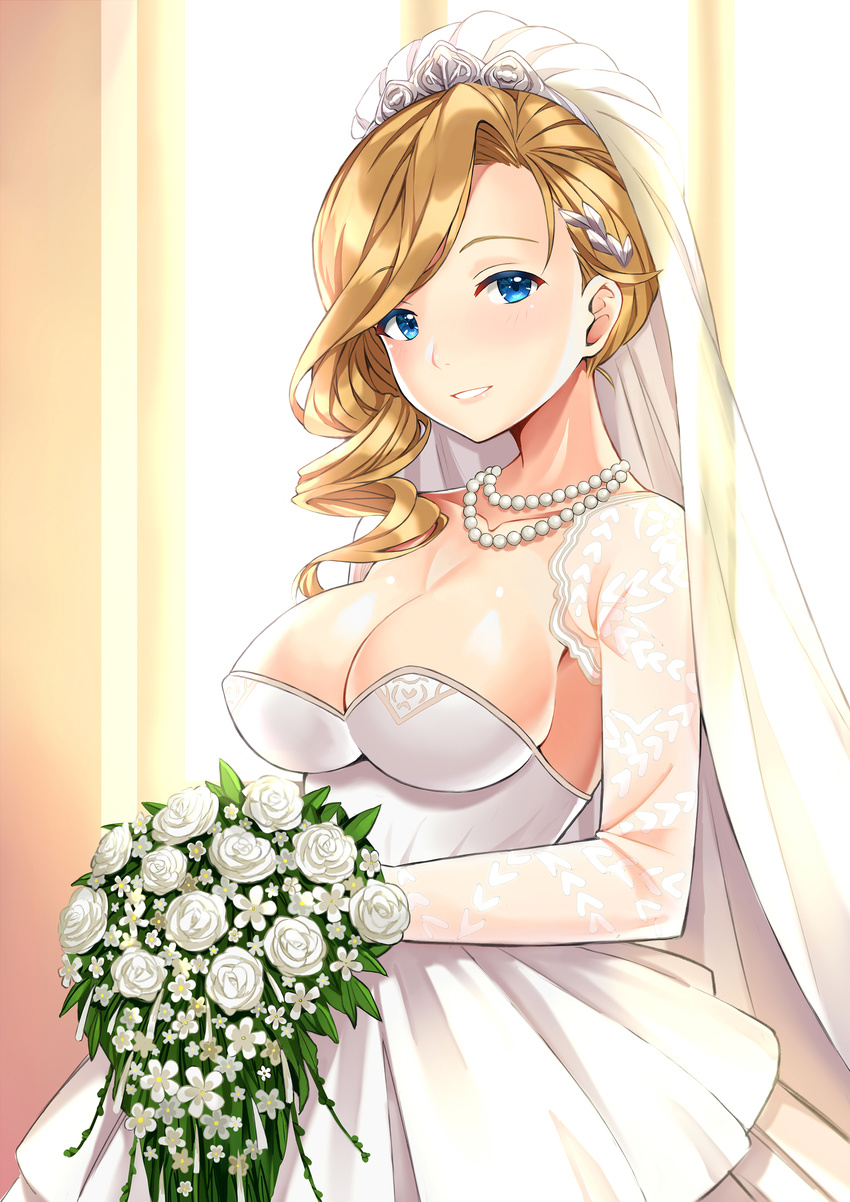 absurdres azur_lane backlighting bare_shoulders bead_necklace beads blonde_hair blue_eyes blush bouquet breasts bridal_veil collarbone commentary_request cowboy_shot curly_hair detached_sleeves dress eyebrows_visible_through_hair flower hair_over_shoulder highres holding holding_bouquet hood_(azur_lane) indoors jewelry large_breasts long_hair looking_at_viewer necklace parted_lips ringlets shitou_(1992116210) smile solo teeth veil wedding_dress white_flower window