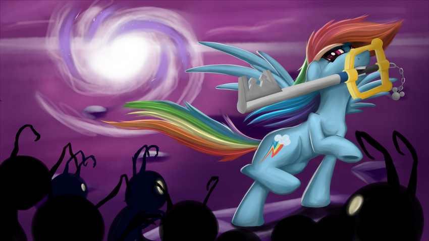 2016 attack crossover cutie_mark equine feathered_wings feathers female fighting_stance friendship_is_magic hair heartless holding_object holding_weapon keyblade kingdom_hearts mammal marmorexx melee_weapon multicolored_hair my_little_pony open_mouth pegasus portal purple_eyes rainbow_dash_(mlp) rainbow_hair solo_focus spread_wings square_enix teeth video_games wallpaper weapon wings yellow_eyes