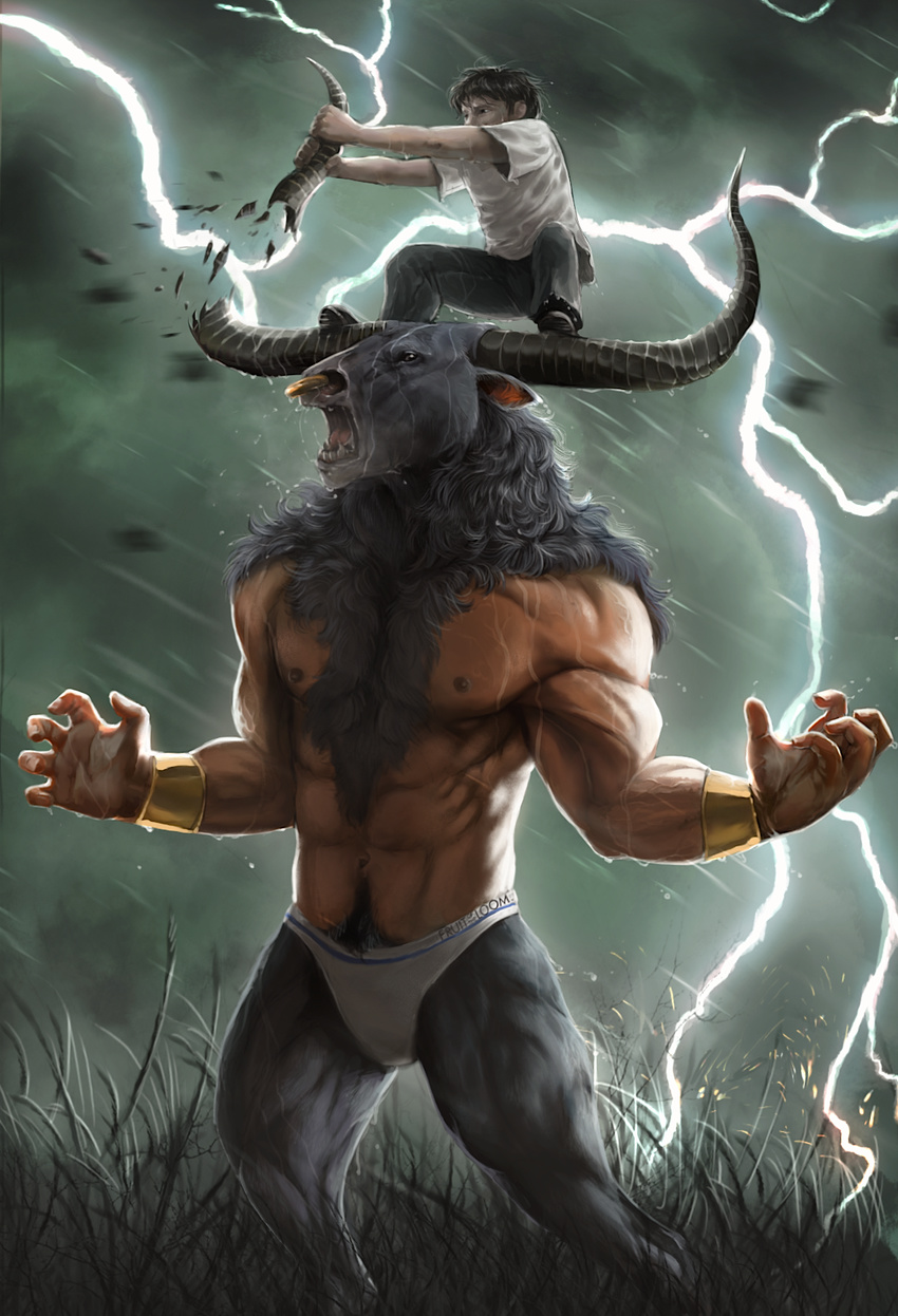 armor battle body_hair bovine bracers clothing facial_piercing field grass happy_trail horn human jeans lightning male mammal minotaur navel nipples nose_piercing nose_ring outside pants percy_jackson percy_jackson_and_the_olympians pherigo piercing raining shirt storm t-shirt underwear wounded