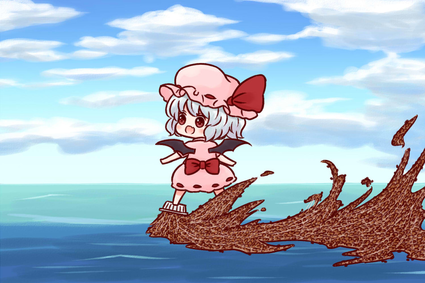 :d bangs batta_(ijigen_debris) blue_hair blue_sky blush bow chibi cloud cloudy_sky commentary_request day dress fang food hat mob_cap nattou ocean open_mouth outdoors pink_dress pink_hat red_bow red_eyes remilia_scarlet short_hair sky smile solo surfing touhou water_surface waterskiing_(meme) wings