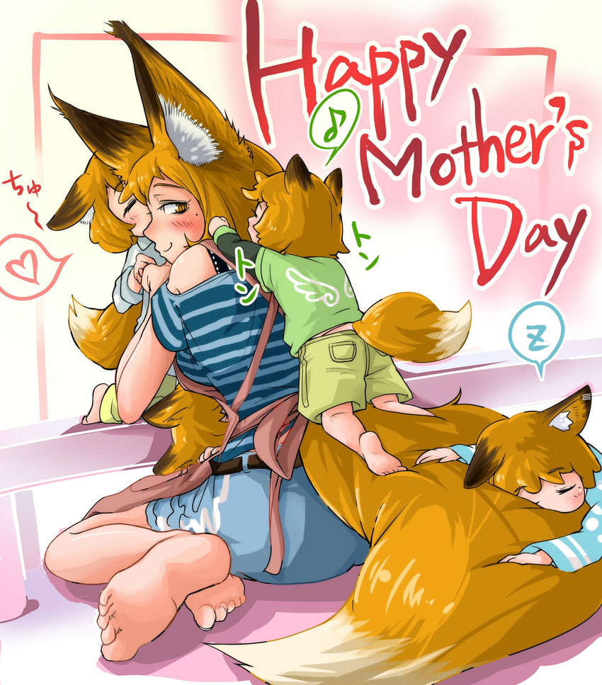 absurdres animal_ears apron baby bad_feet barefoot belt blue_shirt blue_shorts brown_eyes brown_hair closed_eyes closed_mouth commentary_request doitsuken eighth_note fox_ears fox_tail green_shirt heart highres hug kiss lap_pillow long_sleeves mole mole_under_eye mother's_day mother_and_child multiple_girls musical_note original shirt short_hair short_over_long_sleeves short_sleeves shorts sitting sleeping slit_pupils smile speech_bubble spoken_heart spoken_musical_note spoken_zzz striped striped_shirt tail tail_pillow yellow_shorts zzz