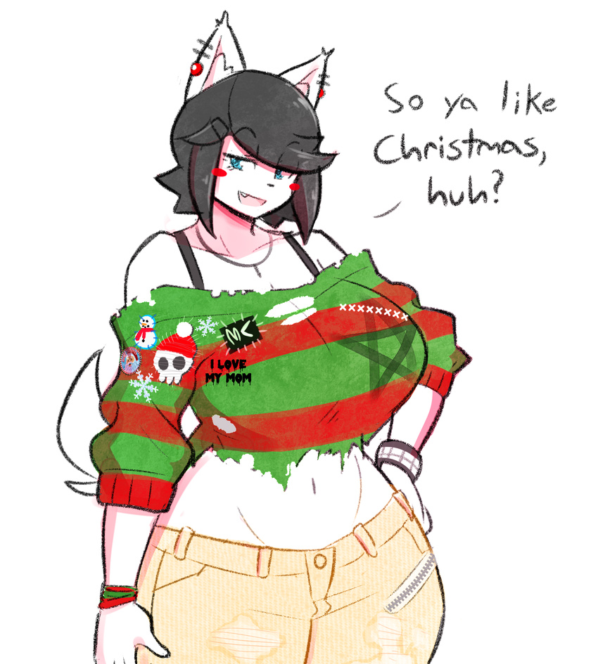 anthro big_breasts black_hair blue_eyes blush_sticker breasts canine christmas dialogue dog ear_piercing english_text female fur hair hand_on_hip holidays maggie_applebee mammal midriff open_mouth open_smile pentagram piercing simple_background smile solo talking_to_viewer text theycallhimcake white_background white_fur