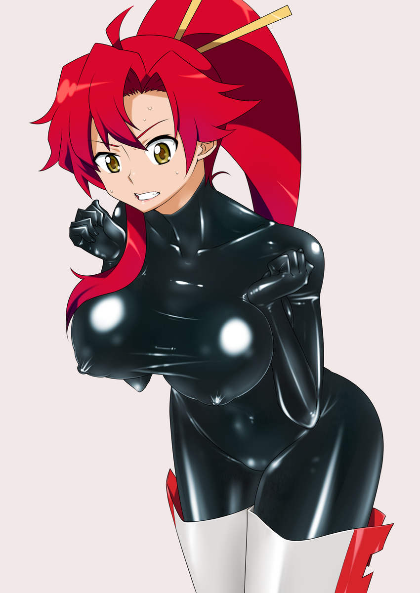 absurdres bodysuit boots breasts clenched_teeth covered_nipples cowboy_shot highres large_breasts latex long_hair ponytail red_hair ryuney skin_tight solo sweat teeth tengen_toppa_gurren_lagann thigh_boots thighhighs yellow_eyes yoko_littner