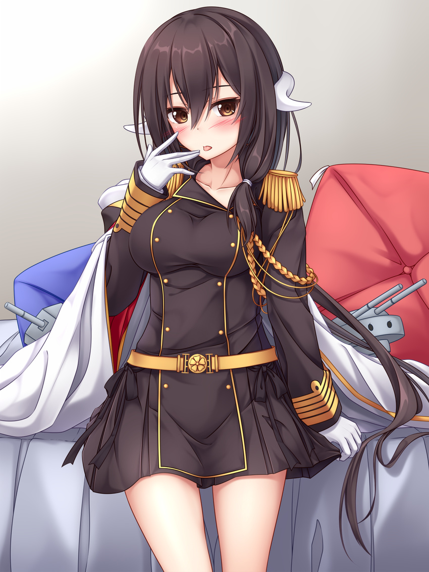 azur_lane blush breasts brown_dress brown_eyes brown_hair dress epaulettes gloves hair_ornament highres impossible_clothes impossible_dress large_breasts long_hair looking_at_viewer machinery mikasa_(azur_lane) open_mouth pillow solo tongue white_gloves yoye_(pastel_white)