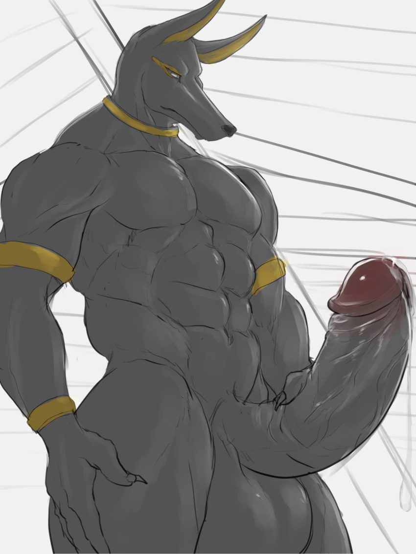 anthro anubian_jackal balls big_balls big_penis canid canine canis erection humanoid_penis jackal looking_at_viewer male mammal muscular muscular_male nude penis precum retracted_foreskin solo standing uncut vein veiny_penis zex