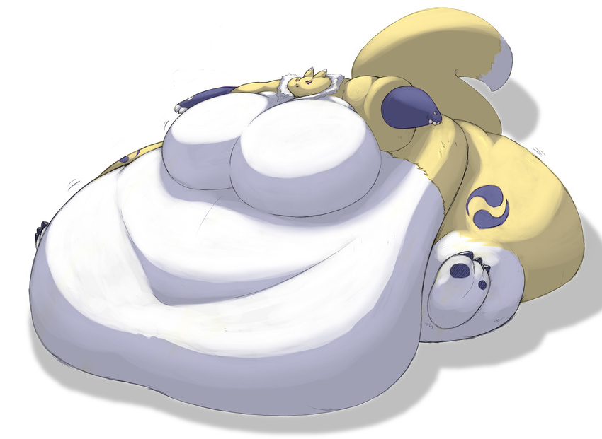 anthro belly big_belly big_breasts big_butt black_sclera breasts butt deep_navel digimon digital_media_(artwork) featureless_breasts female fur huge_butt hyper hyper_belly immobile mammal morbidly_obese navel nude obese overweight renamon saintdraconis simple_background solo white_fur wide_hips yellow_fur