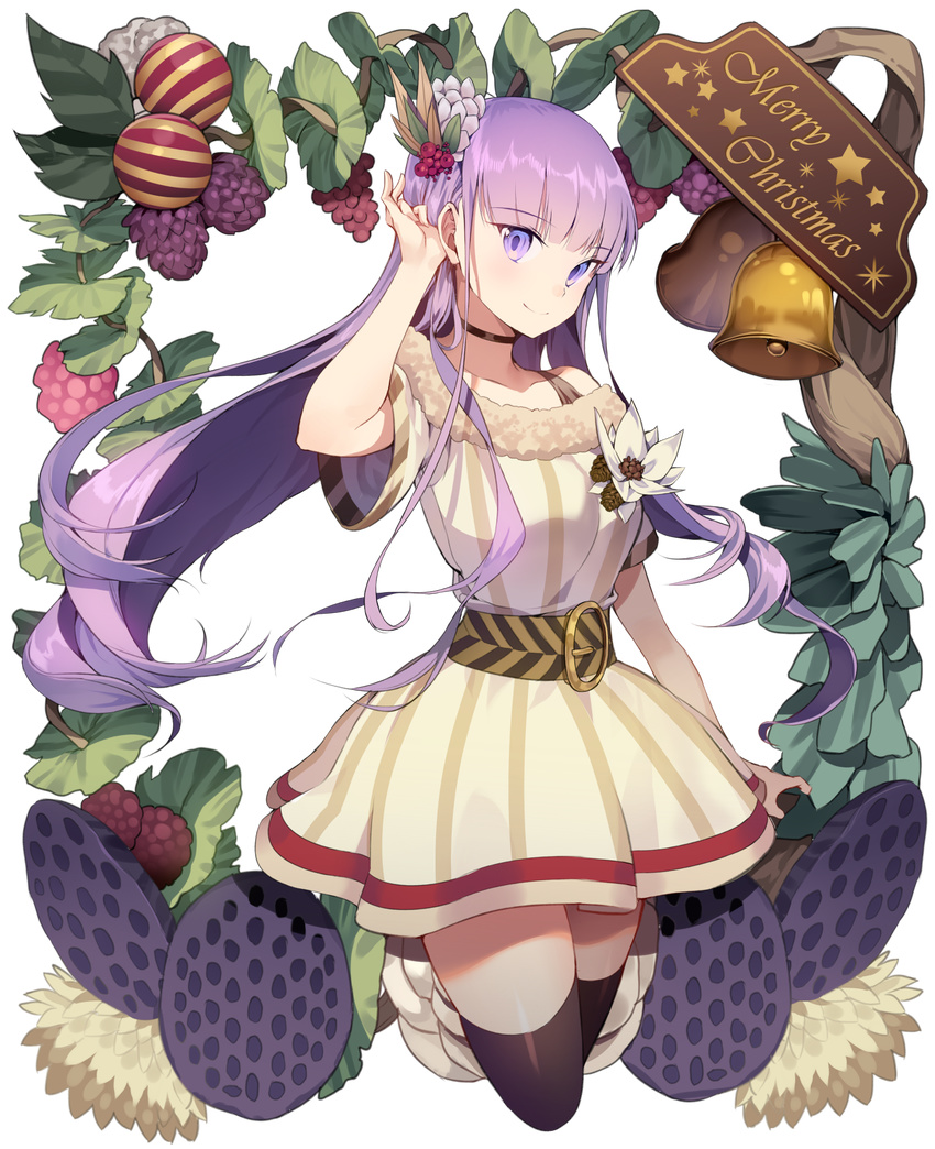 bad_id bad_pixiv_id bangs black_choker black_legwear blunt_bangs carchet choker christmas closed_mouth commentary_request dress eyebrows_visible_through_hair food fruit fur_trim hair_ornament hand_up highres long_hair looking_at_viewer merry_christmas original purple_eyes purple_hair raspberry sash short_dress smile solo thighhighs transparent_background twintails very_long_hair