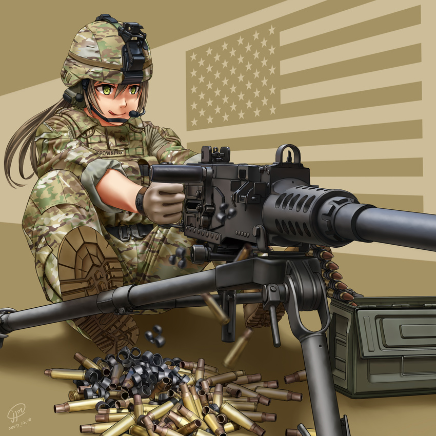 aiming america american_flag ammo_box ammunition_belt boots brown_hair browning_m2 camouflage combat_boots commentary disintegtating_links full_body gloves green_eyes gun headset heavy_machine_gun helmet highres jpc licking_lips load_bearing_vest long_hair machine_gun military military_uniform multicam_(camo) original shell_casing sleeves_rolled_up solo tongue tongue_out uniform weapon