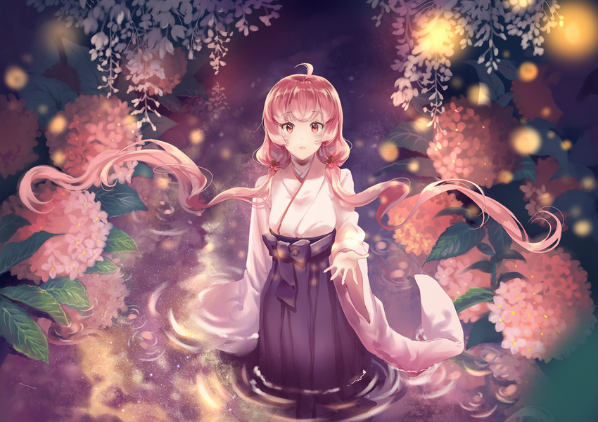 :o ahoge cangchen flower long_hair looking_at_viewer original outstretched_hand pink_flower pink_hair red_eyes ripples solo twintails very_long_hair wading water wide_sleeves