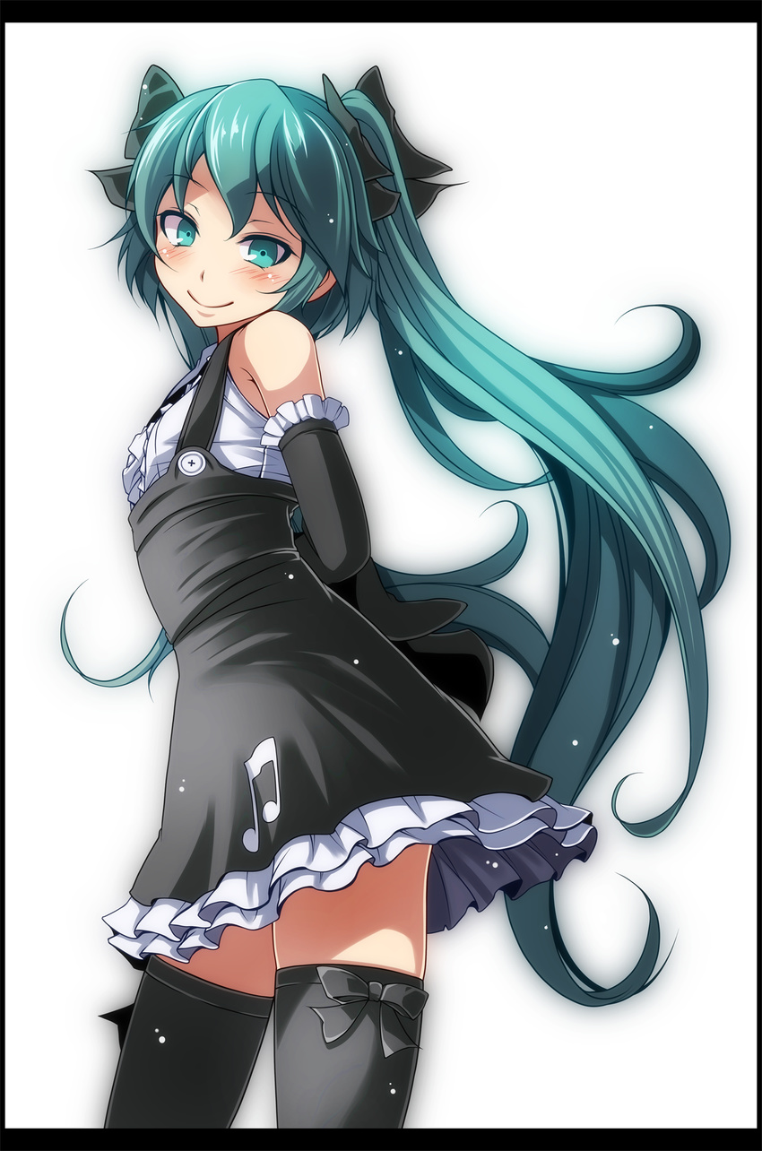 arms_behind_back bangs black_bow black_dress black_legwear blue_eyes blue_hair bow cowboy_shot detached_sleeves dress eyebrows_visible_through_hair floating_hair frilled_sleeves frills from_side hair_between_eyes hair_bow hatsune_miku head_tilt highres long_hair musical_note musical_note_print pinafore_dress project_diva_(series) project_diva_x shirt simple_background sleeveless sleeveless_shirt smile solo thighhighs tsukishiro_saika twintails very_long_hair vocaloid white_background white_shirt