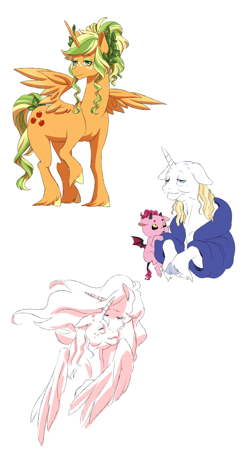 applejack_(mlp) bat_wings blonde_hair blue_eyes clothing crying equine fan_character feathered_wings feathering feathers friendship_is_magic fur green_hair hair hooves horn leaves mammal membranous_wings my_little_pony old orange_fur pikokko pink_fur pink_hair prince_blueblood_(mlp) princess_celestia_(mlp) robe sad smile tears white_fur winged_unicorn wings yellow_eyes