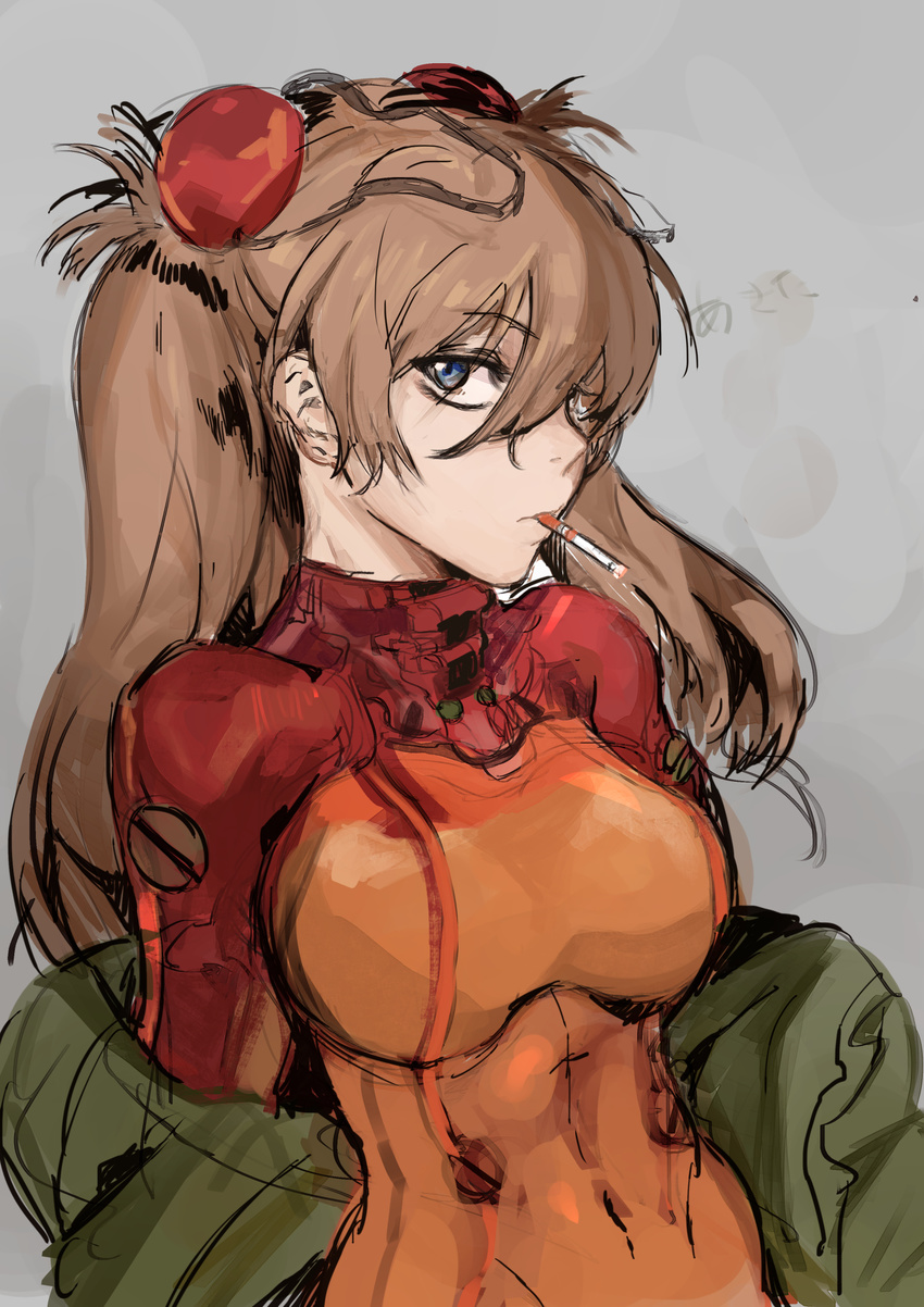 bangs blue_eyes bodysuit breasts brown_hair cigarette closed_mouth covered_navel evangelion:_2.0_you_can_(not)_advance expressionless eyebrows_visible_through_hair green_jacket grey_background hair_between_eyes hairpods headgear highres hiranko jacket large_breasts long_hair looking_at_viewer mouth_hold multicolored multicolored_bodysuit multicolored_clothes neon_genesis_evangelion off_shoulder open_clothes open_jacket orange_bodysuit pilot_suit plugsuit profile rebuild_of_evangelion red_bodysuit see-through shikinami_asuka_langley simple_background sketch smoking solo souryuu_asuka_langley test_plugsuit turtleneck two_side_up upper_body