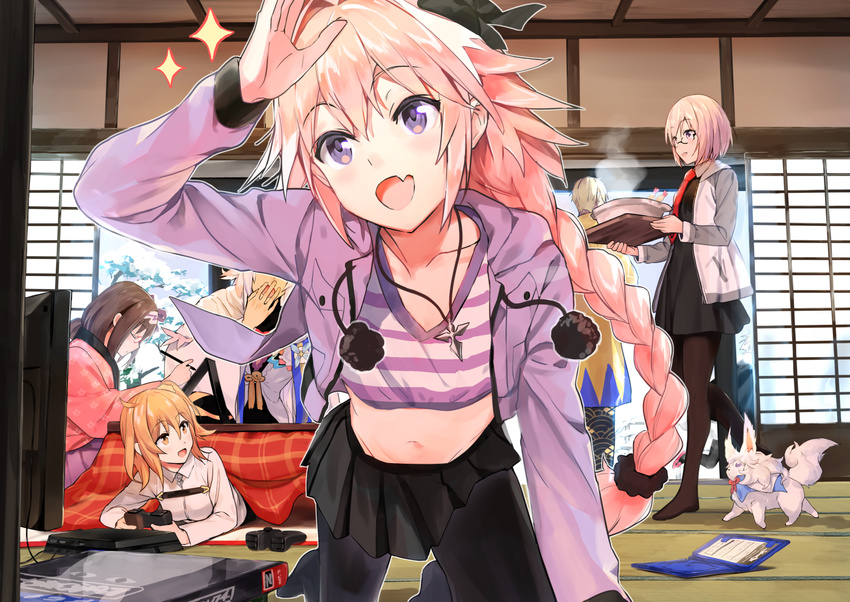 4girls :d all_fours astolfo_(fate) bangs black_legwear black_skirt book braid brown_hair chaldea_uniform closed_eyes closed_mouth commentary_request crop_top day eyebrows_visible_through_hair fang fate/grand_order fate_(series) food fou_(fate/grand_order) fujimaru_ritsuka_(female) gilgamesh glasses hair_ornament hand_up holding hood hoodie indoors jacket japanese_clothes jewelry kotatsu long_hair long_sleeves looking_at_viewer lying mash_kyrielight merlin_(fate) multiple_boys multiple_girls nanotaro navel necklace no_shoes on_stomach one_side_up open_mouth orange_eyes orange_hair osakabe-hime_(fate/grand_order) otoko_no_ko pantyhose pink_hair pleated_skirt purple_eyes purple_hair purple_jacket robe single_braid skirt smile snow sparkle table tatami television under_kotatsu under_table walking