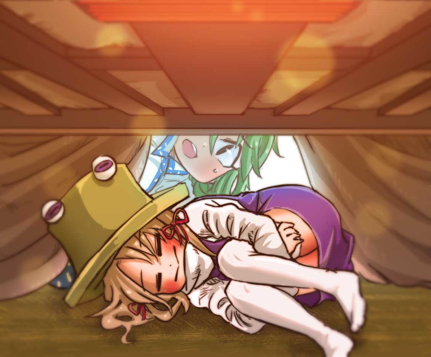 =_= blonde_hair chamaji closed_eyes commentary_request dress eyebrows_visible_through_hair green_hair hair_ribbon hands_under_legs hat kochiya_sanae kotatsu long_sleeves moriya_suwako multiple_girls nontraditional_miko open_mouth purple_dress ribbon short_hair sweat table tablecloth thighhighs touhou tress_ribbon under_table