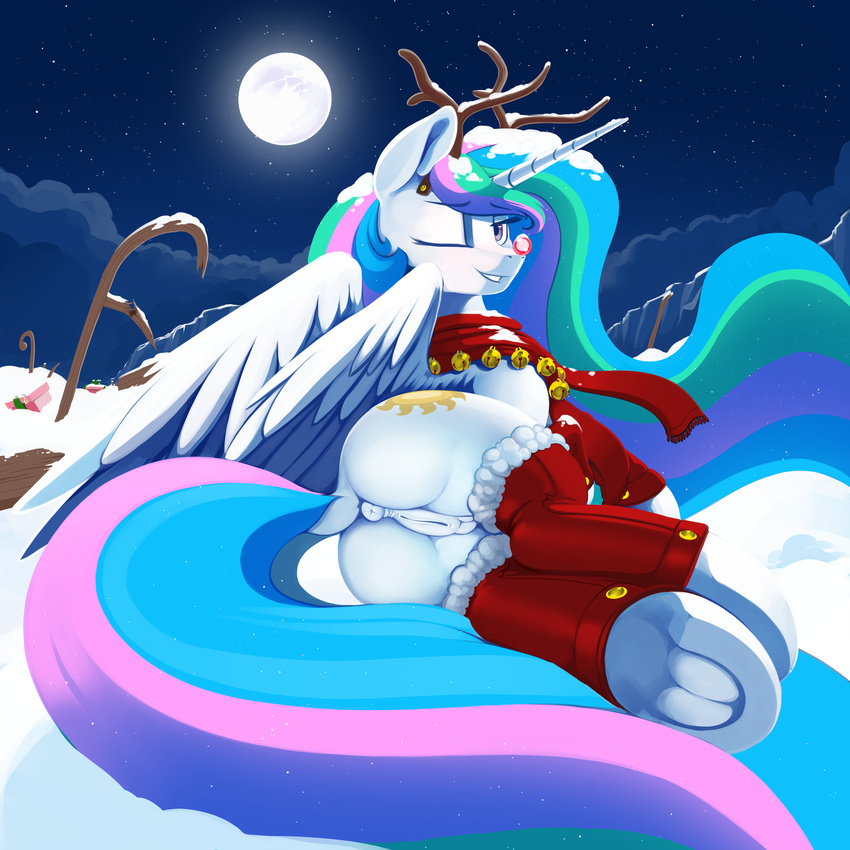 absurd_res anus butt christmas clothing cutie_mark dimfann dock equine feathered_wings feathers female feral friendship_is_magic full_moon hair hi_res holidays hooves horn long_hair looking_at_viewer mammal moon multicolored_hair multicolored_tail my_little_pony night one_eye_closed outside princess_celestia_(mlp) pussy smile solo teats underhoof winged_unicorn wings