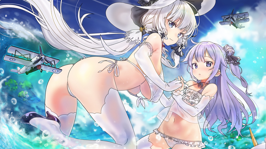 aircraft airplane ass azur_lane bangs bikini biplane blue_eyes breasts commentary elbow_gloves frilled_swimsuit frills front-tie_top gloves hair_bun hair_ribbon hat high_heels highres holding_hands illustrious_(azur_lane) large_breasts long_hair low_ponytail multiple_girls ocean one_side_up ponytail purple_hair ribbon see-through seicoh side-tie_bikini side_bun sidelocks swimsuit thighhighs torpedo tress_ribbon underboob unicorn_(azur_lane) white_swimsuit