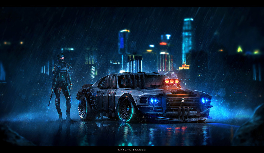 armor better_version_at_source car city clothing darkness engine futuristic gear glowing gun human human_only khyzyl_saleem lights looking_at_viewer mammal night not_furry raining ranged_weapon skyline vehicle water weapon