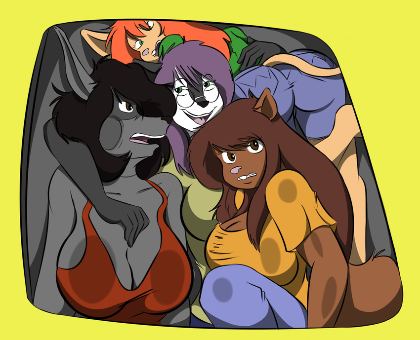 2016 anthro big_breasts black_hair black_nose breasts brown_eyes brown_fur brown_hair buckteeth butt cleavage clothed clothing cramped eyewear female fur glasses green_eyes grey_fur hair hi_res hybrid mammal mary_(sailoranna) mouse on_glass open_mouth open_smile orange_hair pink_nose procyonid purple_hair raccoon rayne_(sailoranna) rear_view rodent sailoranna skunk smile squirrel teeth tracy_(sailoranna) violet_(sailoranna)