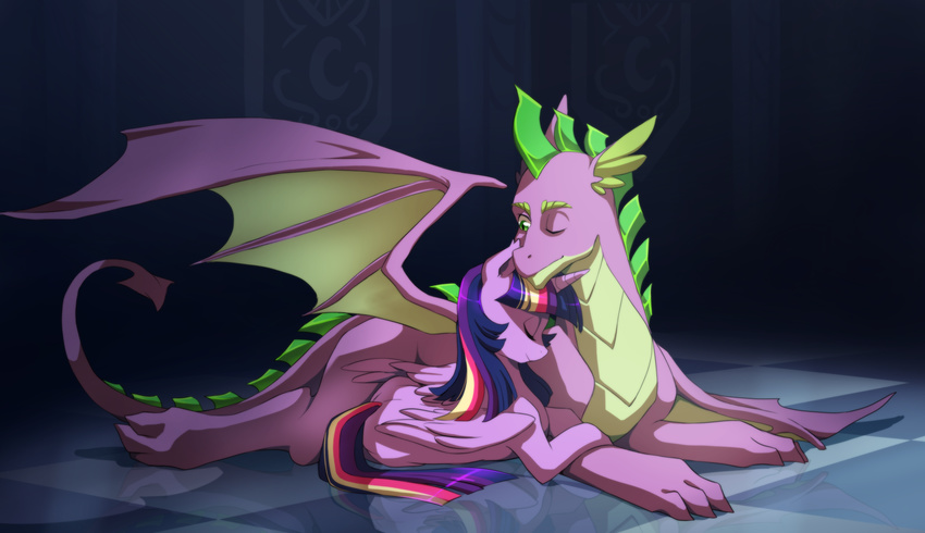 blonde_hair blue_hair cuddling dragon equine eyes_closed feathered_wings feathers female feral friendship_is_magic fur green_eyes green_scales hair horn horse lying male mammal membranous_wings my_little_pony nuzzling one_eye_closed pikokko pink_hair pony purple_fur purple_scales scales spade_tail spike_(mlp) twilight_sparkle_(mlp) wings