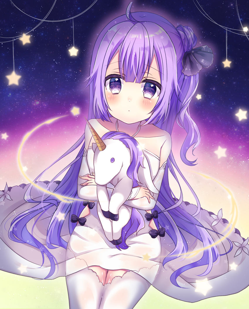 absurdres ahoge azur_lane bangs bare_shoulders black_bow black_ribbon blush bow closed_mouth collarbone commentary_request detached_sleeves dress eyebrows_visible_through_hair hair_between_eyes hair_bun hair_ribbon halterneck highres kakyoxx long_hair long_sleeves looking_at_viewer object_hug purple_eyes purple_hair ribbon side_bun sitting sleeves_past_wrists solo star stuffed_alicorn stuffed_animal stuffed_toy thighhighs unicorn_(azur_lane) very_long_hair white_dress white_legwear