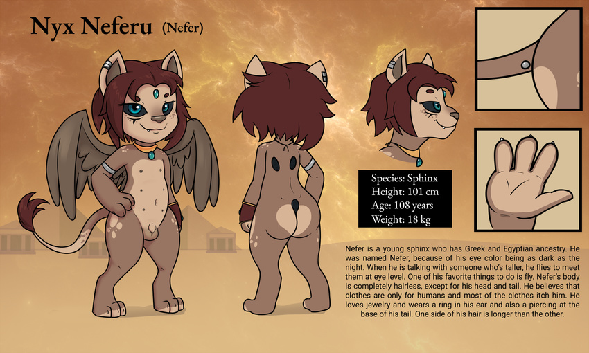 2017 anthro balls big_balls big_butt brown_hair butt cub cute digital_media_(artwork) eyelashes feathered_wings feathers feline flaccid fur hair male mammal model_sheet nipples nude nyx_neferu penis small_penis solo sphinx text wings young zekromlover