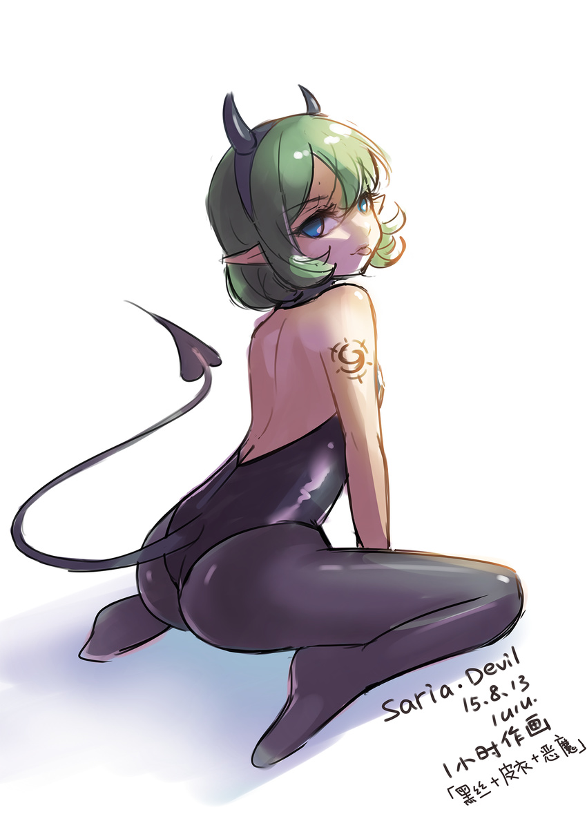 2015 alternate_costume arched_back arm_tattoo artist_name ass back bangs bare_arms bare_back bare_shoulders black_hairband black_leotard blue_eyes bob_cut breasts bunnysuit character_name chinese closed_mouth dated demon_horns demon_tail eyebrows eyebrows_visible_through_hair fake_horns from_behind full_body green_hair grey_legwear hair_between_eyes hairband head_tilt highres horns kneeling legs_apart leotard looking_at_viewer looking_back out_of_character pantyhose pointy_ears ruru_(lulubuu) saria shadow short_hair simple_background small_breasts smile solo tail tattoo the_legend_of_zelda the_legend_of_zelda:_ocarina_of_time tongue tongue_out tsurime turtleneck white_background