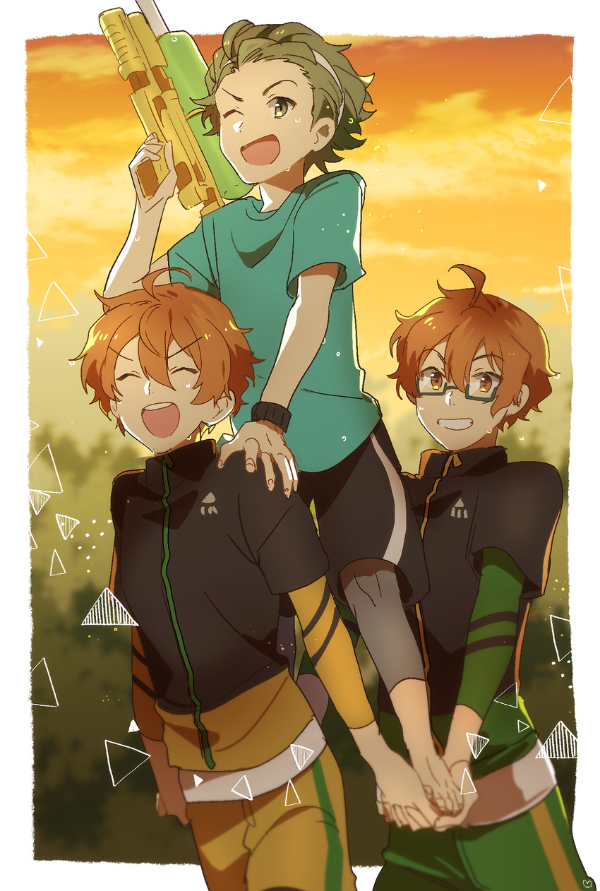 aoi_kyousuke aoi_yuusuke brothers glasses highres idolmaster idolmaster_side-m male_focus mitarai_shouta multiple_boys orange_hair siblings smile takumi_(scya) twins water_gun