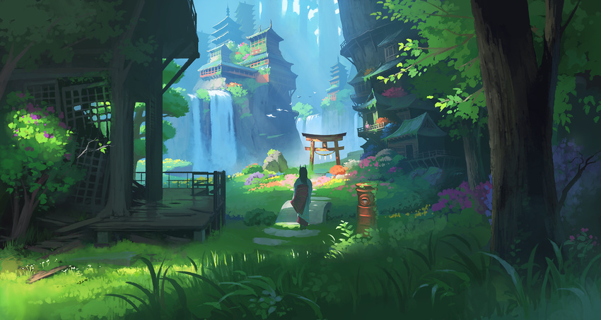 animal_ears bad_id bad_pixiv_id bird black_hair bridge commentary day doora_(dora0913) facing_away field flower flower_field forest fox_ears from_behind grass highres japanese_clothes kimono long_hair nature original outdoors pagoda ruins scenery shrine solo standing statue torii tree water waterfall wide_shot