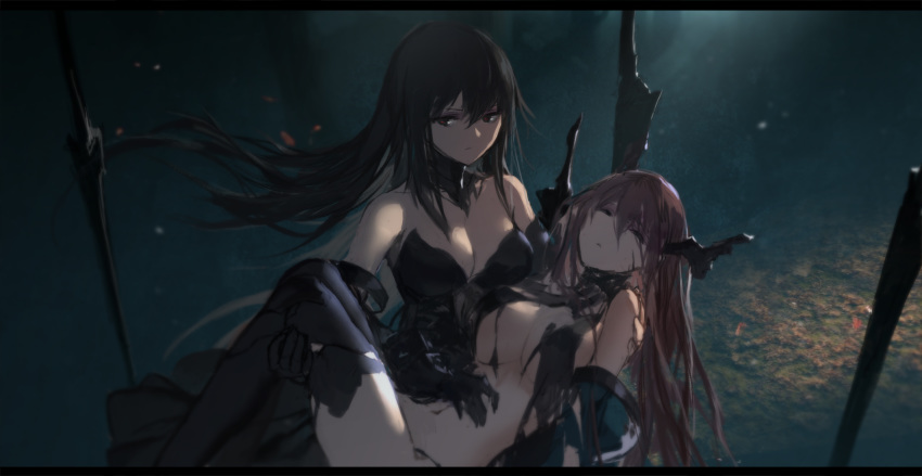 2girls black_dress black_eyes black_gloves black_hair black_legwear breasts brown_hair carrying cleavage dress elbow_gloves eyes_closed floating_hair gloves highres large_breasts long_hair medium_breasts multiple_girls navel pixiv_fantasia pixiv_fantasia_revenge_of_the_darkness princess_carry sleeveless sleeveless_dress strapless strapless_dress swd3e2 thighhighs torn_clothes very_long_hair