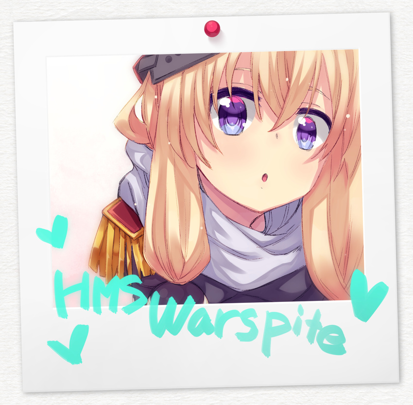 :o akino_sora azur_lane bangs blonde_hair blue_eyes blush character_name enpera epaulettes hair_between_eyes hair_bobbles hair_ornament heart highres long_hair looking_at_viewer open_mouth photo_(object) purple_eyes scarf sidelocks solo warspite_(azur_lane)