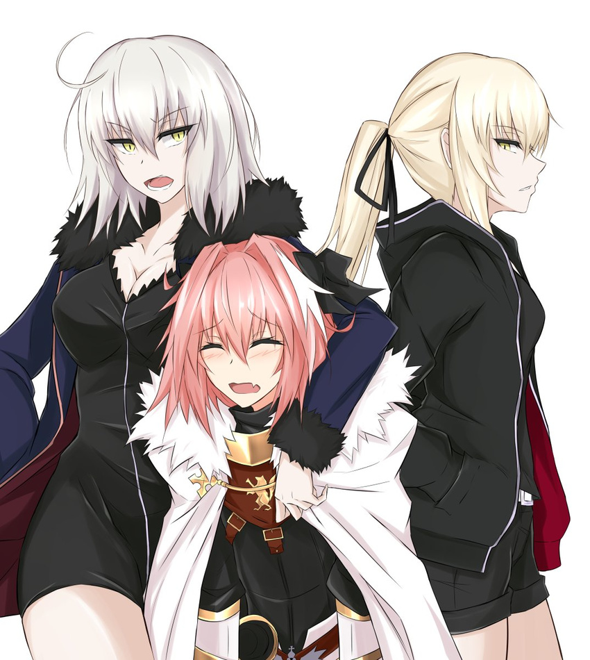 2girls ahoge artoria_pendragon_(all) astolfo_(fate) black_bow black_dress black_jacket black_ribbon black_shorts blonde_hair blue_jacket bow breasts cape cleavage closed_eyes collarbone commentary_request cowboy_shot dress fang fate/grand_order fate_(series) from_side fur_trim hair_bow hair_ribbon highres hood hooded_jacket jacket jeanne_d'arc_(alter)_(fate) jeanne_d'arc_(fate)_(all) large_breasts multiple_girls open_mouth otoko_no_ko parted_lips pink_hair piro_(iiiiiiiiii) ponytail ribbon saber_alter short_hair short_shorts shorts simple_background slit_pupils white_background white_cape white_hair wicked_dragon_witch_ver._shinjuku_1999 yellow_eyes