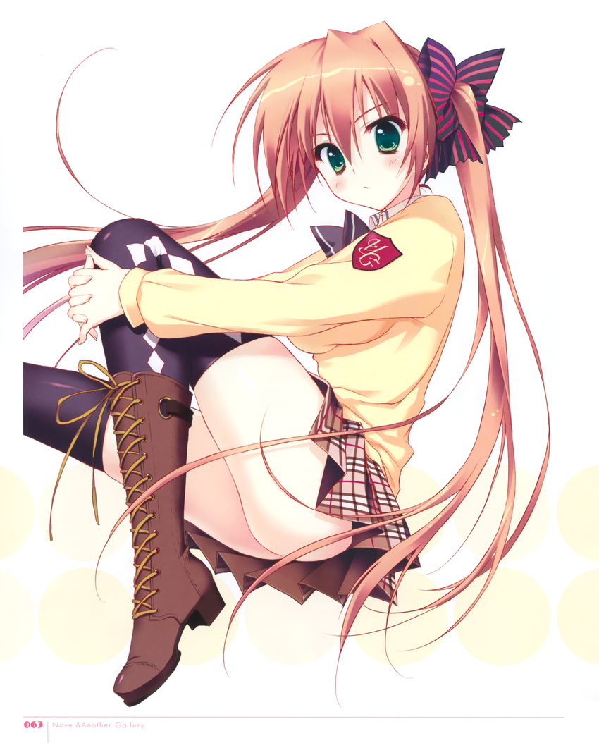 1girl absurdres argyle argyle_legwear ass black_legwear blush boots bow brown_footwear brown_hair cross-laced_footwear green_eyes hair_bow highres knee_boots lace-up_boots long_sleeves looking_at_viewer mutsumi_neo official_art page_number pleated_skirt ryouka_(suzuya) scan school_uniform simple_background skirt solo thighhighs thighs twintails