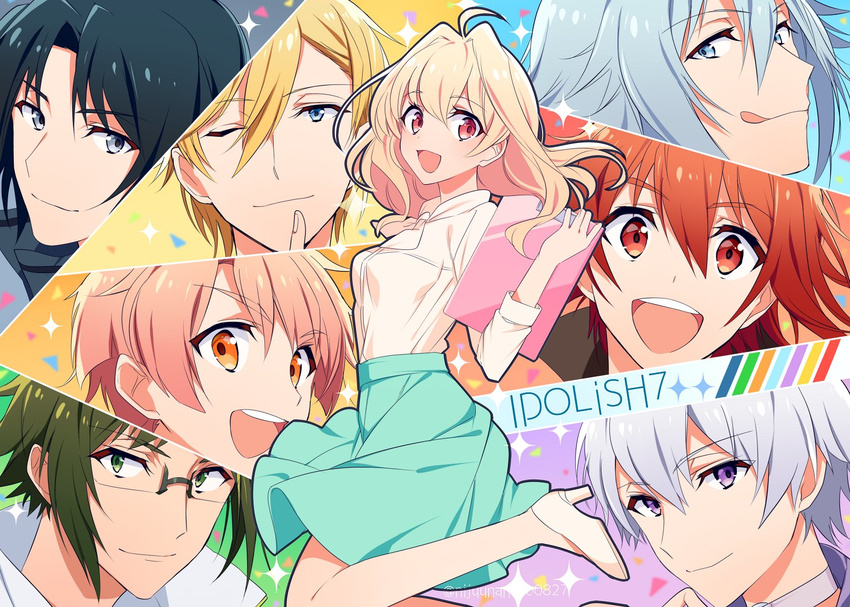 6+boys black_hair blonde_hair blue_hair glasses green_hair idolish_7 izumi_iori izumi_mitsuki looking_at_viewer multiple_boys nanase_riku nikaido_yamato orange_hair osaka_sougo red_eyes red_hair rokuya_nagi smile takanashi_tsumugi white_hair yotsuba_tamaki