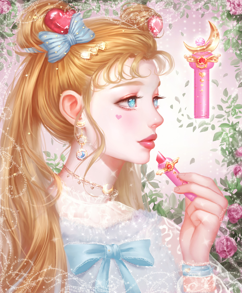 absurdres bishoujo_senshi_sailor_moon blonde_hair blue_bow bow bowtie choker crescent double_bun earrings eyelashes facial_mark fingernails flower hair_bow hair_ornament hairclip heart heart-shaped_pupils heart_hair_ornament highres jewelry lace_trim lipstick long_hair looking_away makeup moon_stick nape pink_flower pink_lips pink_rose profile rena_illusion rose solo symbol-shaped_pupils tsukino_usagi twintails very_long_hair