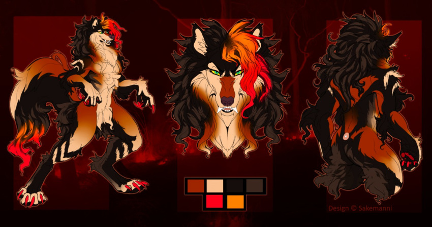 2018 4_toes anthro barefoot big_tail biped black_fur black_hair black_nose black_tail brown_fur brown_tail canine cittyy claws color_swatch digital_media_(artwork) digitigrade fangs fur green_eyes hair long_hair long_tail looking_at_viewer male mammal model_sheet multicolored_fur multicolored_hair multicolored_tail nude orange_hair red_background red_claws red_hair red_tail simple_background solo tala_(hurst) tan_fur tan_tail teeth toe_claws toes were werecanine werewolf yellow_sclera