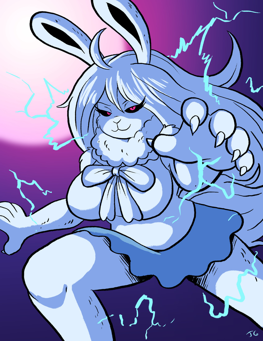 anthro big_breasts black_sclera breasts carrot_(one_piece) claws clothing electricity eyelashes female fur greliz hair half-closed_eyes invalid_color lagomorph looking_at_viewer mammal minkmen_(one_piece) moon one_piece pink_eyes rabbit skirt smile solo white_hair