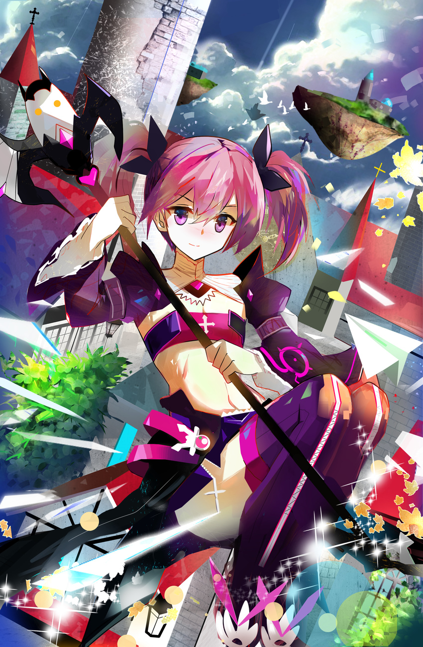 absurdres aisha_(elsword) black_ribbon boots breasts cleavage day elsword eyebrows_visible_through_hair floating_island hair_between_eyes hair_ribbon highres holding holding_weapon long_hair looking_at_viewer midriff moekao navel outdoors pink_hair purple_eyes purple_footwear ribbon small_breasts smile solo staff stomach thigh_boots thighhighs twintails void_princess_(elsword) weapon