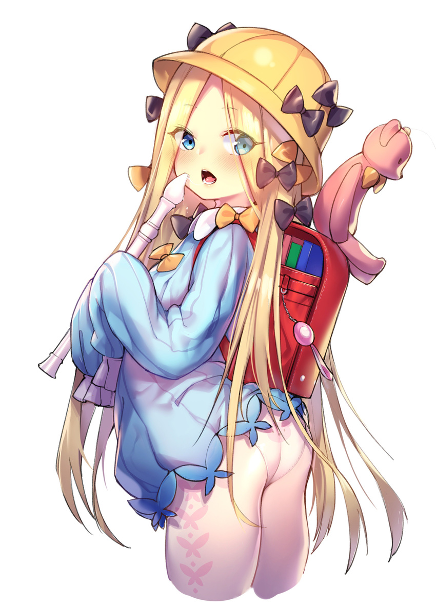 abigail_williams_(fate/grand_order) absurdres adapted_costume animal_print ass backpack bag bangs bear_panties bear_print black_bow blonde_hair blue_dress blue_eyes blush bow bug butterfly butterfly_print collared_dress commentary_request cowboy_shot crime_prevention_buzzer cropped_legs dress eyebrows_visible_through_hair eyes_visible_through_hair fate/grand_order fate_(series) forehead from_side hair_bow hat highres holding holding_instrument insect instrument kindergarten_uniform long_hair long_sleeves looking_at_viewer looking_to_the_side open_mouth orange_bow panties panties_under_pantyhose pantyhose parted_bangs print_legwear print_panties randoseru recorder saliva saliva_trail school_hat shennai_misha simple_background sleeves_past_wrists solo stuffed_animal stuffed_toy teddy_bear underwear very_long_hair white_background white_legwear yellow_hat