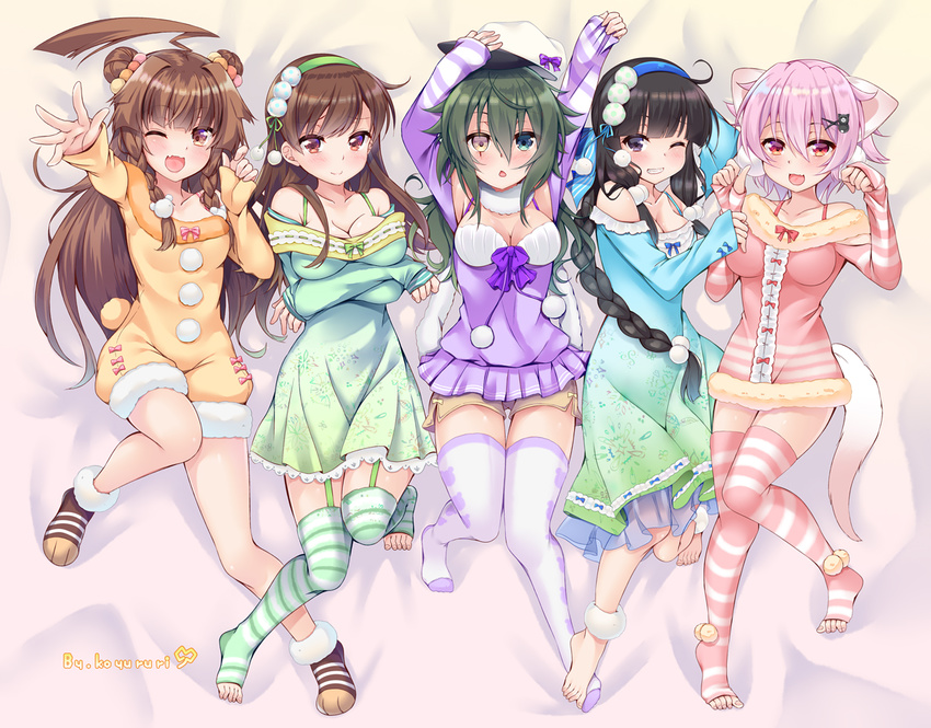 alternate_costume animal_costume animal_ears bangs bear_costume black_eyes black_hair blunt_bangs braid breasts brown_eyes brown_hair cat_costume cat_ears cat_tail full_body green_eyes green_hair hair_over_shoulder hat heterochromia kantai_collection kiso_(kantai_collection) kitakami_(kantai_collection) ko_yu kuma_(kantai_collection) large_breasts long_hair lying medium_breasts multiple_girls ooi_(kantai_collection) pajamas purple_hair red_eyes sailor_hat short_hair shorts single_braid small_breasts striped striped_legwear tail tama_(kantai_collection) thighhighs yellow_eyes