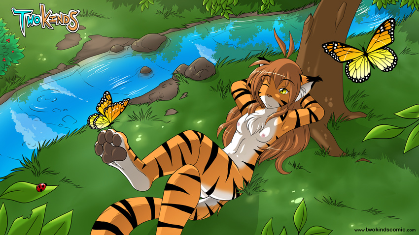 16:9 anthro arthropod breasts brown_hair butterfly casual_nudity chest_tuft digitigrade edit english_text feline female flora_(twokinds) forest fur grass hair hands_behind_head hi_res insect keidran lying mammal multicolored_fur nipples nude nude_edit on_back one_eye_closed orange_fur outside pawpads river smile solo striped_fur stripes text tiger tom_fischbach tree tuft twokinds wallpaper webcomic white_fur widescreen wood