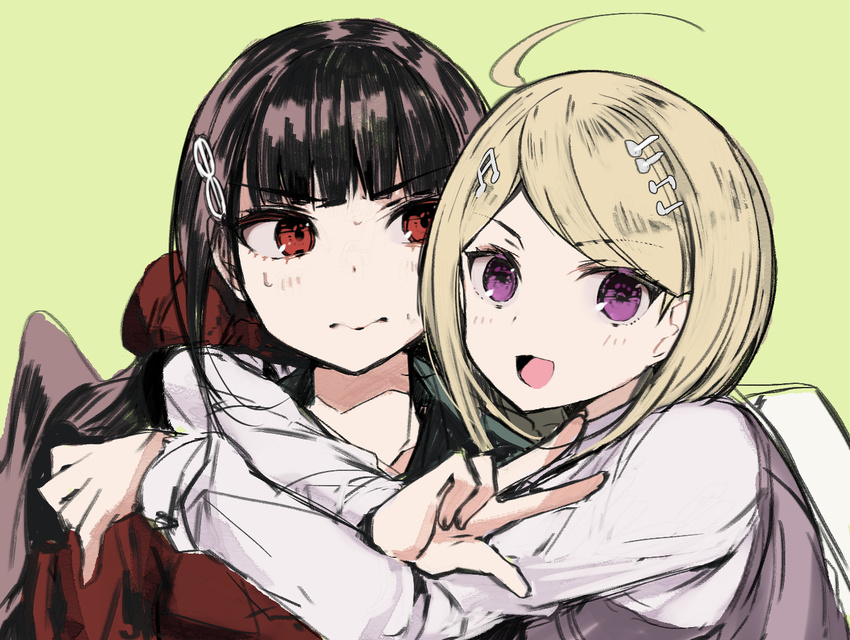 2girls ahoge akamatsu_kaede backpack bag black_hair blonde_hair blush danganronpa duo eyebrows hair_ornament hairpin harukawa_maki jewelry long_hair multiple_girls musical_note musical_note_hair_ornament new_danganronpa_v3 open_mouth purple_eyes red_eyes red_shirt school_uniform serafuku shirt sweater sweater_vest tetsubuta tied_hair twintails uniform