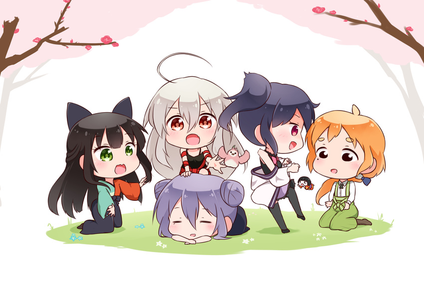 ahoge black_hair cherry_blossoms chibi chiya_(urara_meirochou) green_eyes hair_between_eyes highres japanese_clothes long_hair looking_at_viewer madokarako multiple_girls natsume_nono nijou_omi open_mouth orange_hair silver_hair tatsumi_kon urara_meirochou very_long_hair yukimi_koume